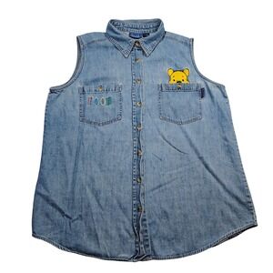 Vintage Winnie The Pooh Shirt L Disney Blue Embroidered Denim Top 90s Floral